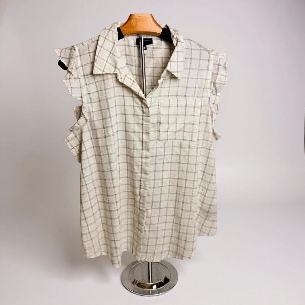Who What Wear Sleeveless Ruffle Blouse White Black Grid Check Size Large NWT